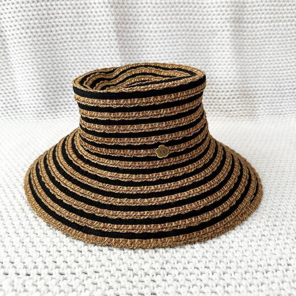 Eric Javits Beige Tan Black Stripe Squishee Packable Straw Bucket Hat UPF 50 OS - Picture 1 of 7